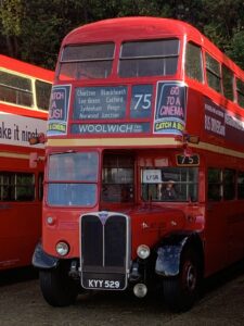 A red double decker bus